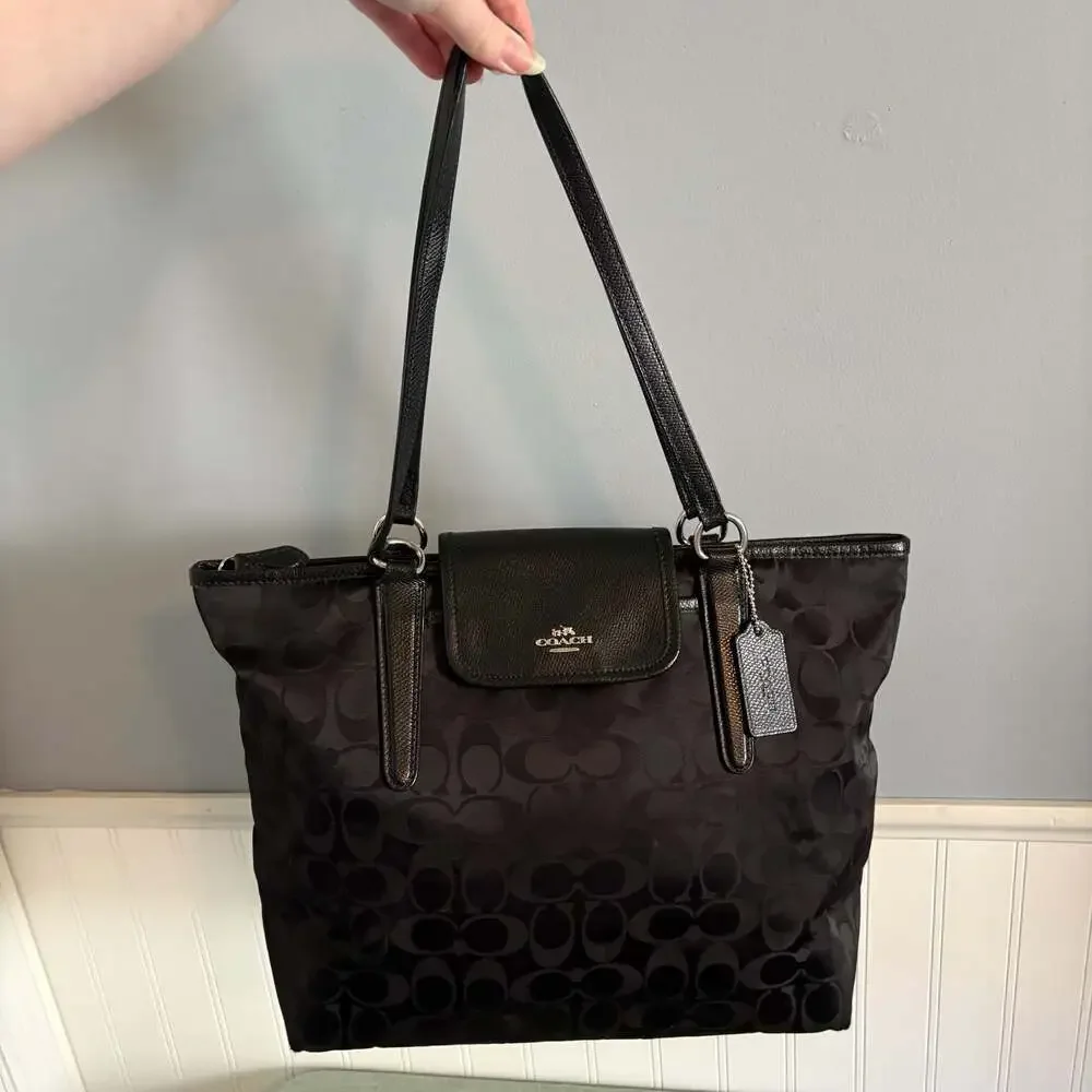 Coach Black Signature C Nylon Tote with Leather Trim and Flap Pocket